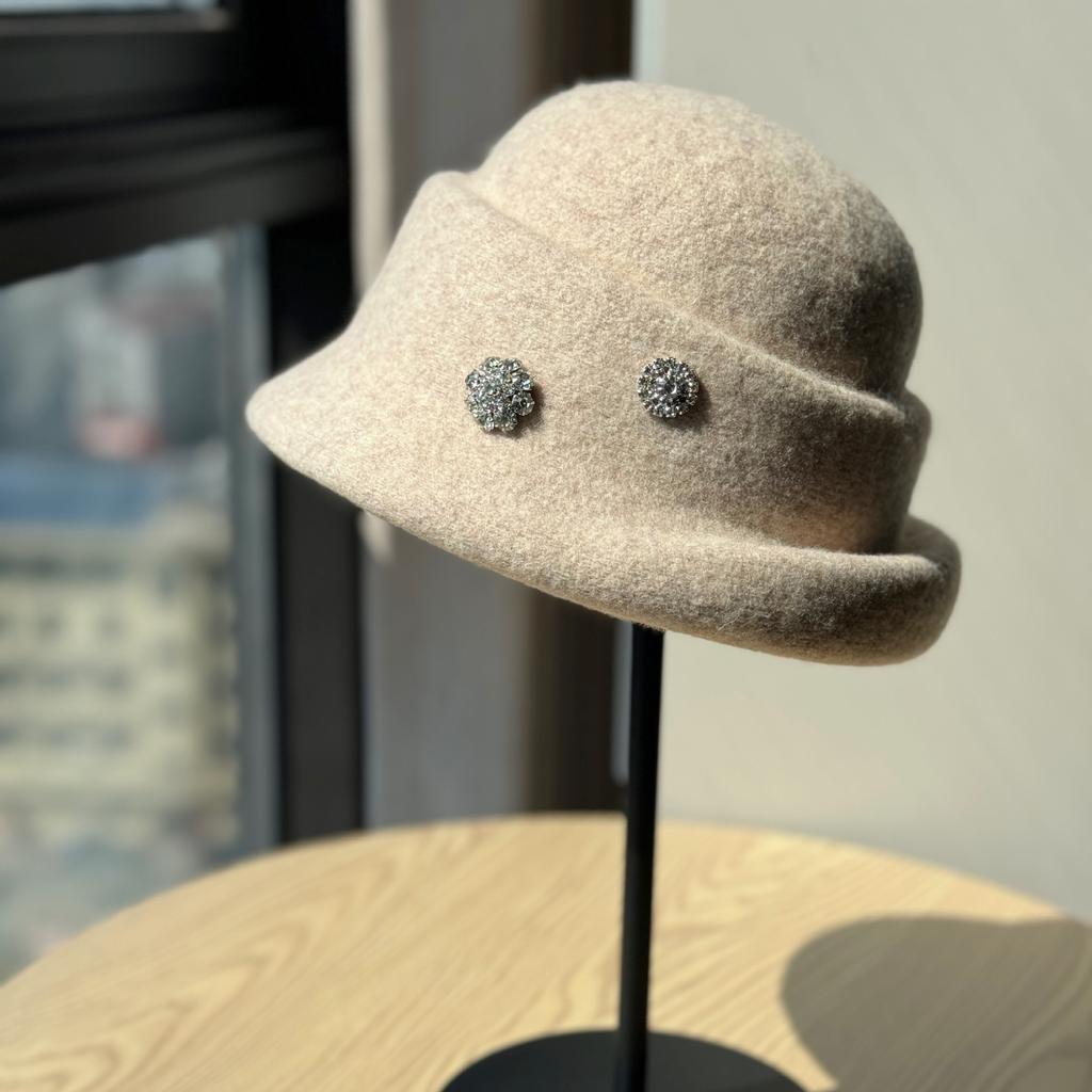 Ny Höst och Vinter Elegant Hög Hatt Dam Ull Strass Fiskarhatt Brittisk Retro All Match Varm Ryttarhatt