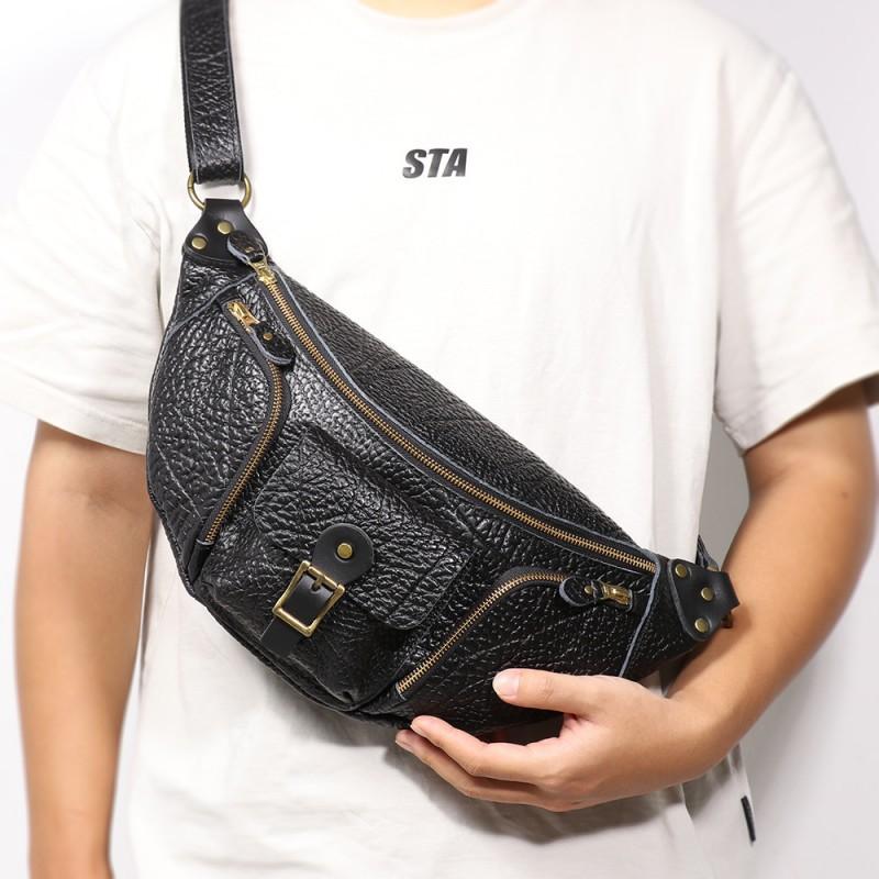 

Wild Cowhide Men s Chest Bag Outdoor Commuting Multifunctional Leather Waist Top Layer Personalized Motorcycle чёрный