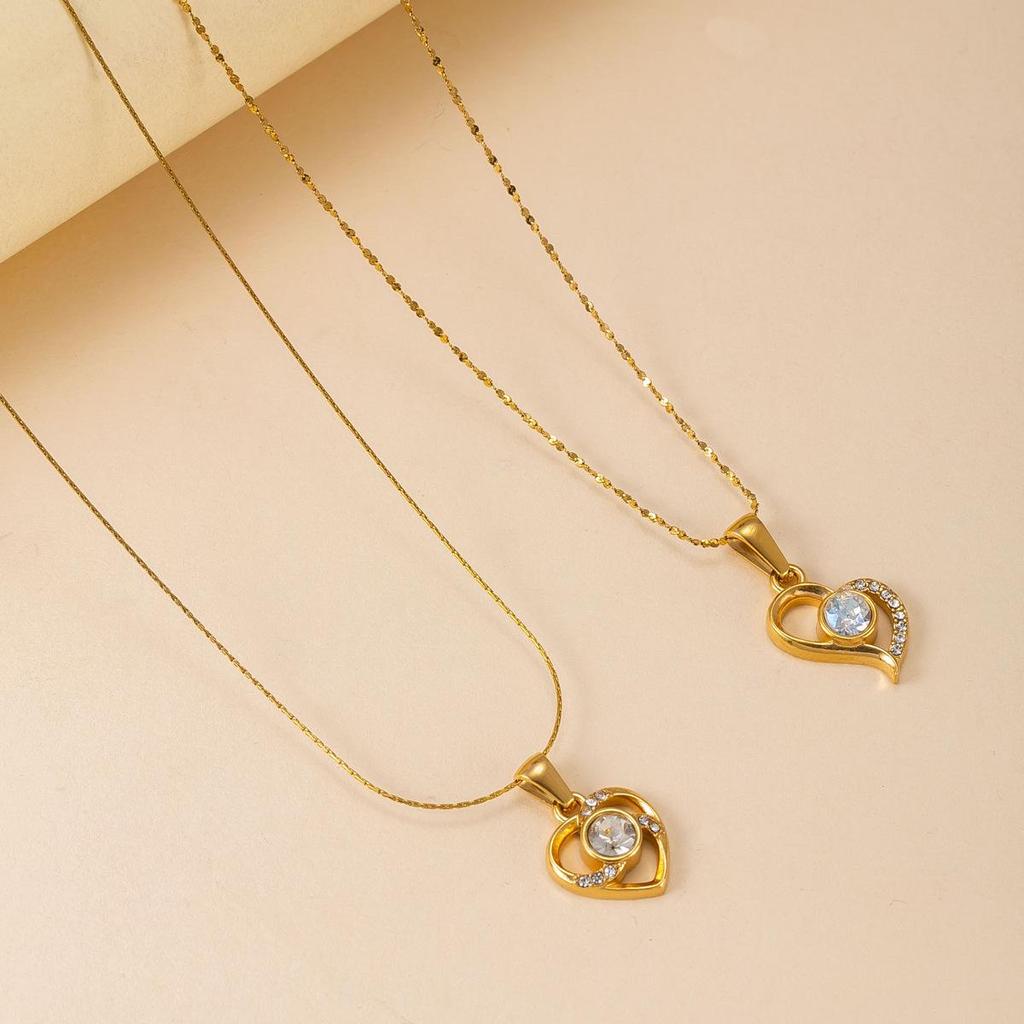 18K Zirconia Hollow Heart Pendant Necklace with Stainless Steel Chain for Women