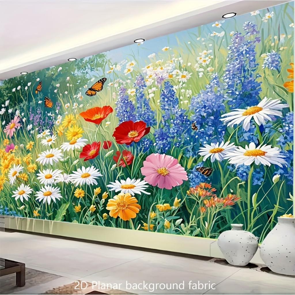 2D Flat Vibrant Wildflower Meadow Tapestry Wall Hanging  Large Blooming Daisies Poppies Bluebells  LavenderLike Flowers Wi
