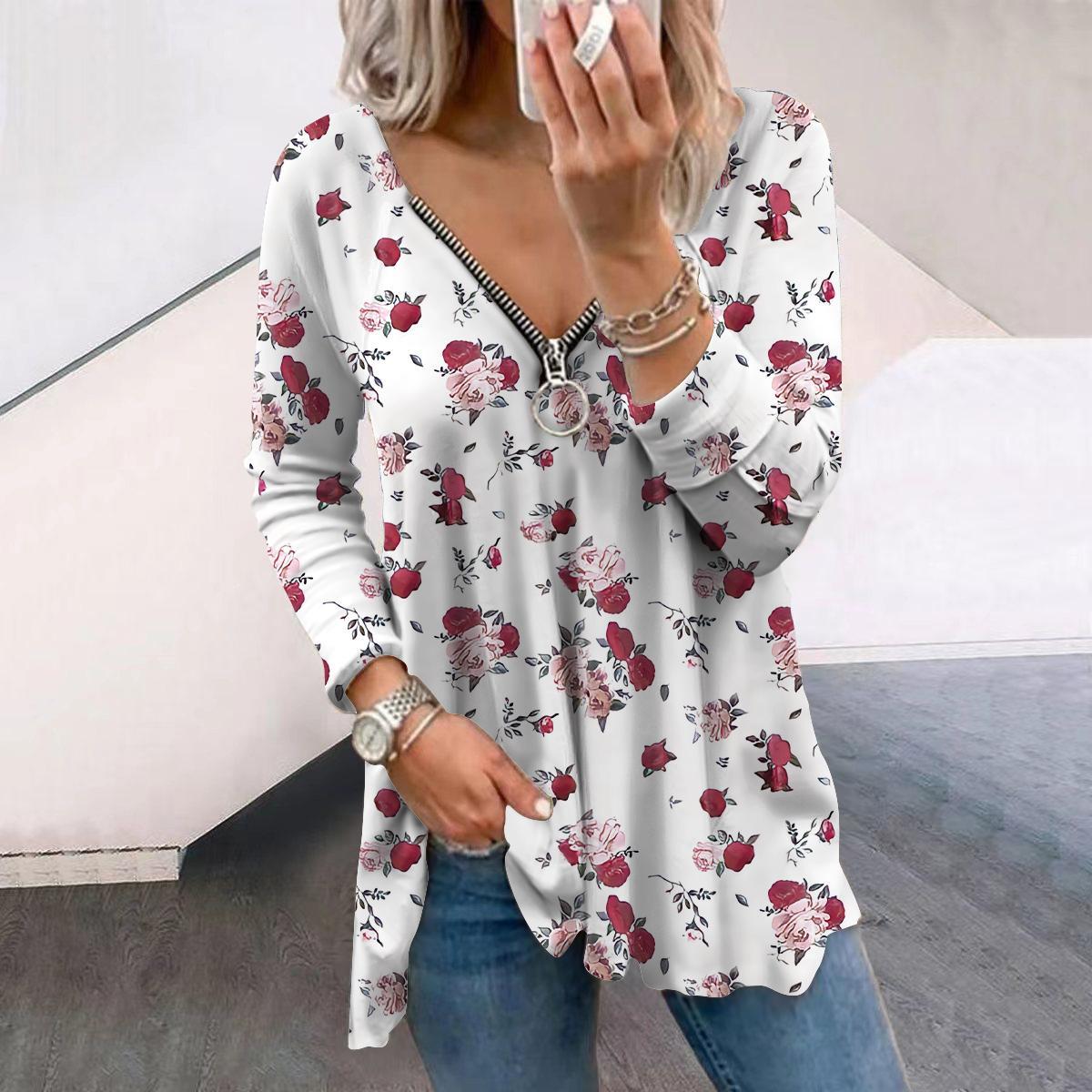 

Женские осенние цветочные черные бабочки с длинным рукавом, свободные футболки с V-образным вырезом больших размеров, удобные блузки 8XL красный