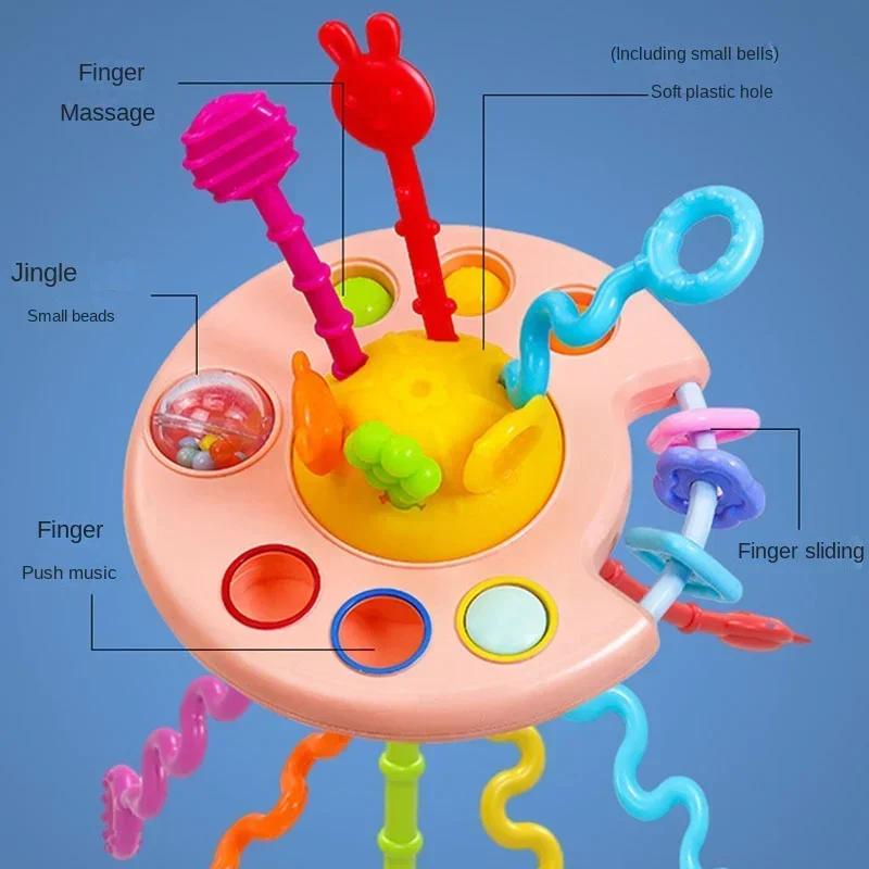 Non-Toxic Cartoon Duck Astronaut Pull String Montessori Activity Development Silicone Teething Sensory Grip Training Early Educational Toy