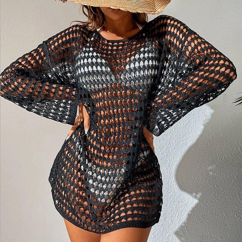 Strand Cover Up Bademode Frauen Kleid Gestrickte Sexy Hohl Mesh Bikini Solide Sommer Bademode Sonnenschutz Kleidung