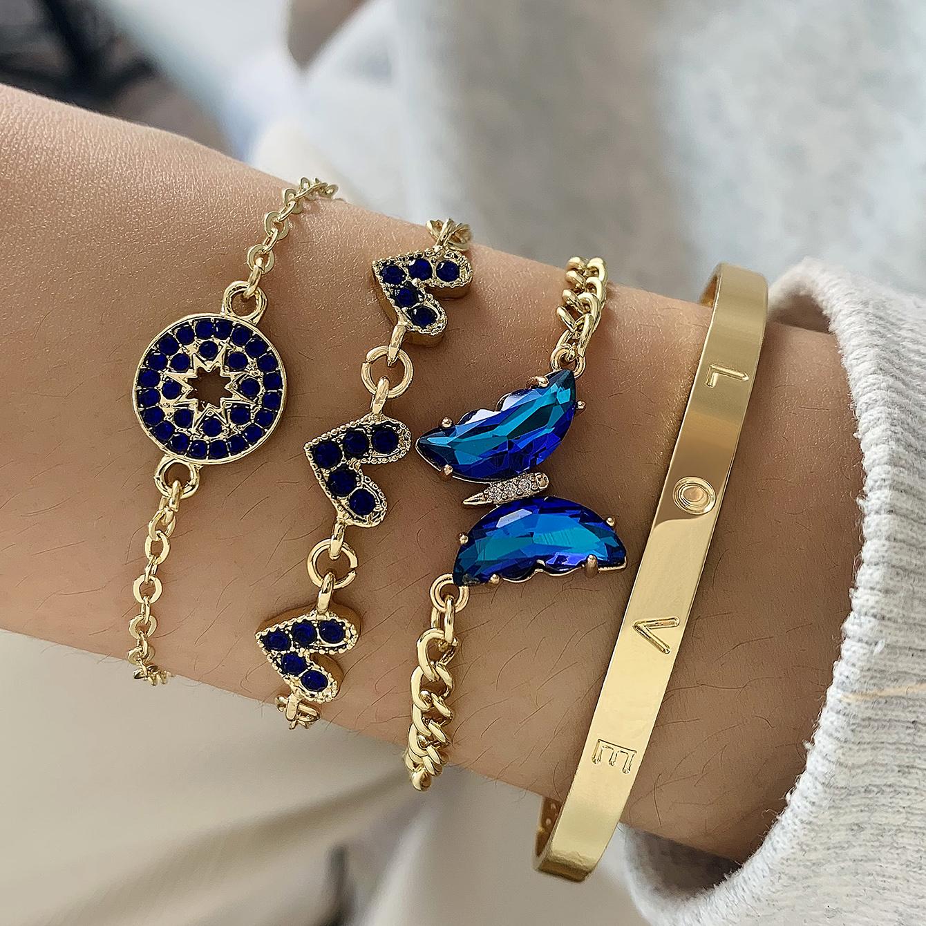 

Cross Border Jewelry Blue Butterfly Inlaid Rhinestone Hollow Women s Bracelet Geometric Opening Four Piece Bracelet Set