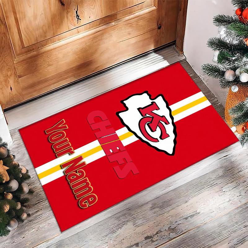 Kansas City Chiefs Crystal Velvet Rug, Custom Name Text Personalized Non‑Slip Floor Mat for Home Decor Gift