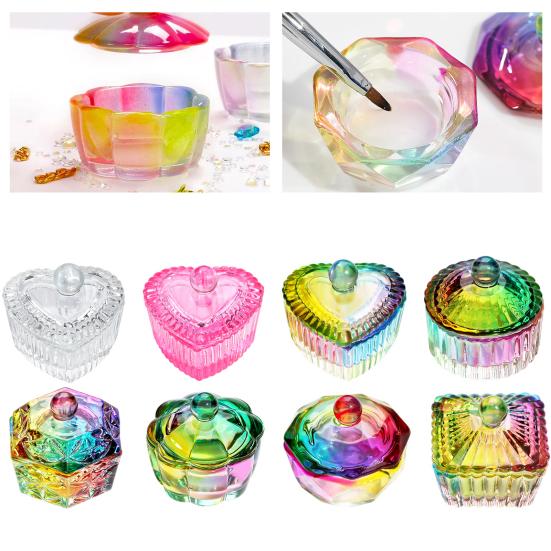 Nail Art Dappen Dish with Lid Acrylic Powder Container Holder Liquid Love Heart Square Flower Octagonal Faux Crystal Glass Cup Bowl