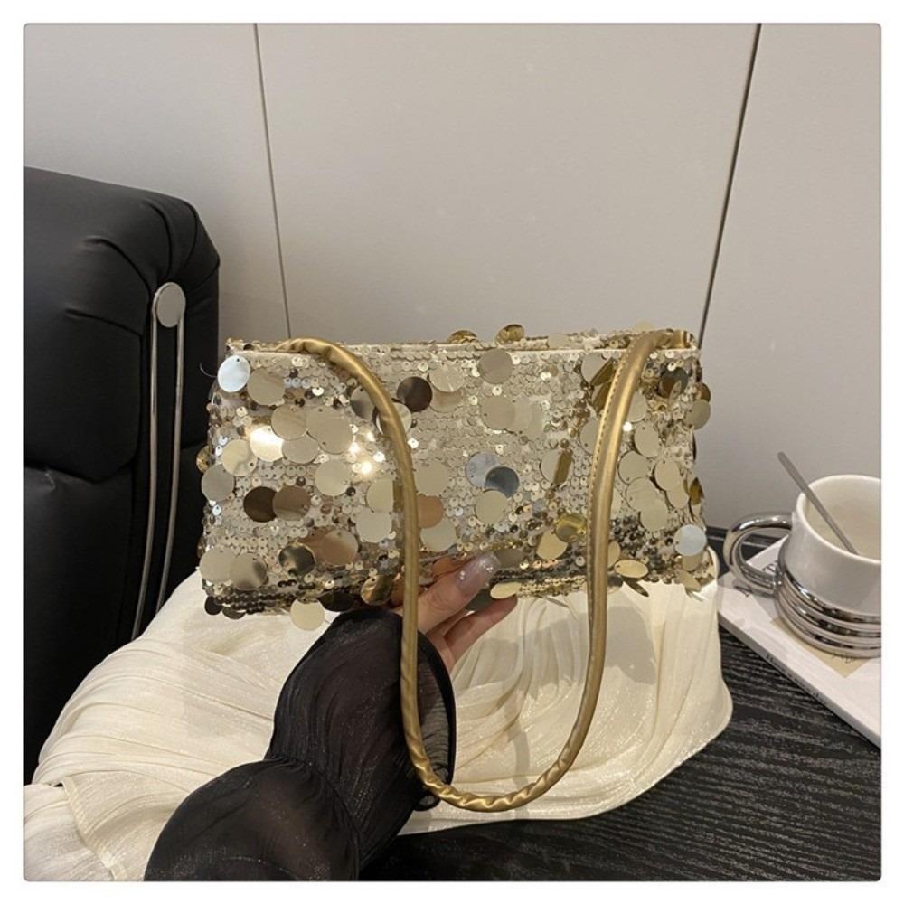 Portable Large Capacity Shoulder Bag Shiny Sequins Multifunctional Women's Handbag with Zipper Solid Color Underarm Bag Dinners