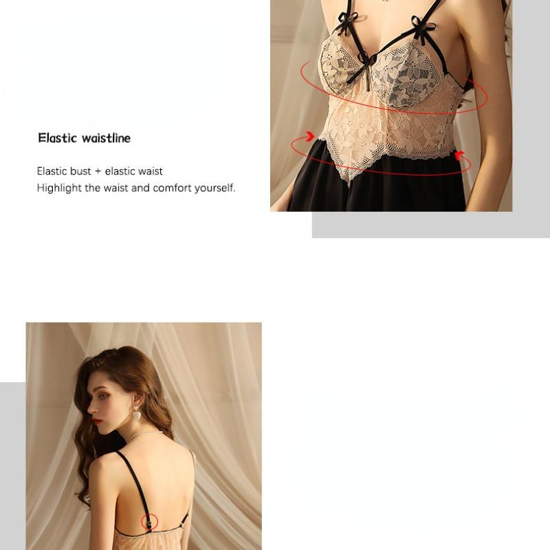 Summer and Autumn Sexy Deep V Lace Satin Perspective Suspended Sleeping Dress