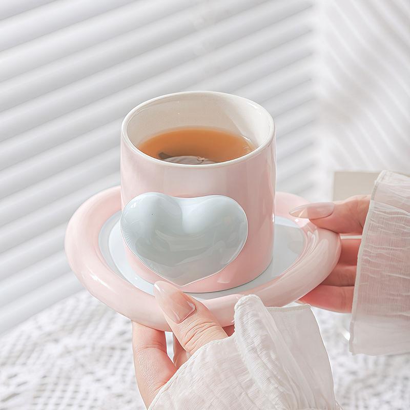 Ceramic Heart Shape Coffee Cup and Saucer Creative Love Couple Mug Exquisite Afternoon Camellia Tea Coffee Cup Breakfast Mug new