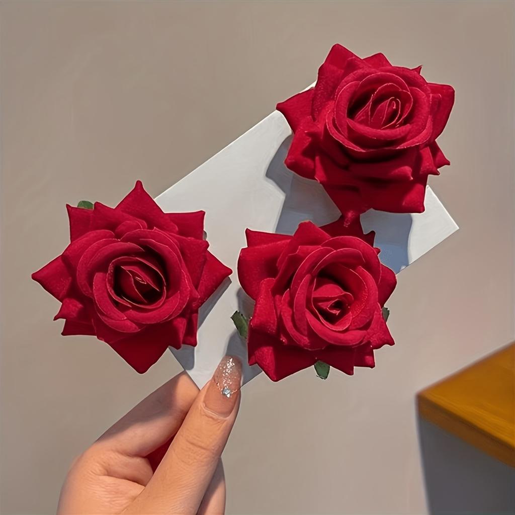 3Pcs Atmospheric Red Floral Hair Accessories, Rose Side Clips & Hair Pins