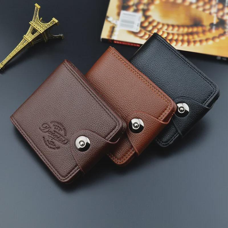 Men's Short Wallet with Magnetic Buckle, Multi-card Slots, Large Capacity, and Litchi Pattern - European & American Fashion.