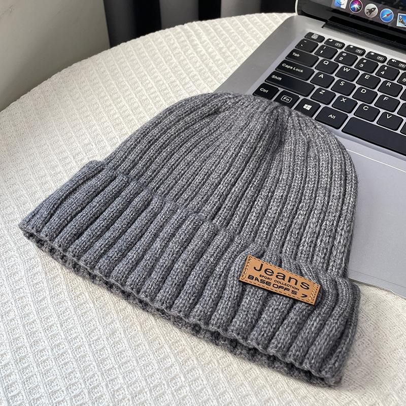 Coarse thread knitted hat children autumn and winter leather label letter wool hat big head circumference warm ear protection cold hat men