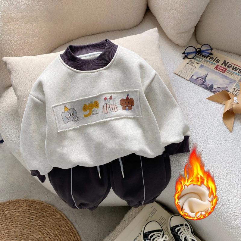 Boys Winter Fleece Lined Sweatshirt Warm One Piece Pullover With Patch For Kids