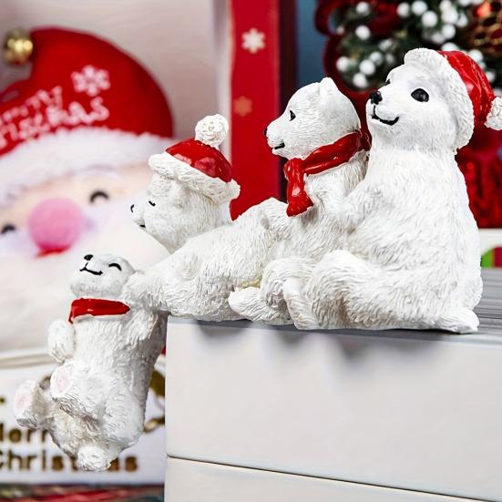 Christmas Polar Bear Family Figurine Santa Hat Red Scarf Four Polar Bear Statue Resin Animal Sculpture Home Office Desktop Decoration Ornament