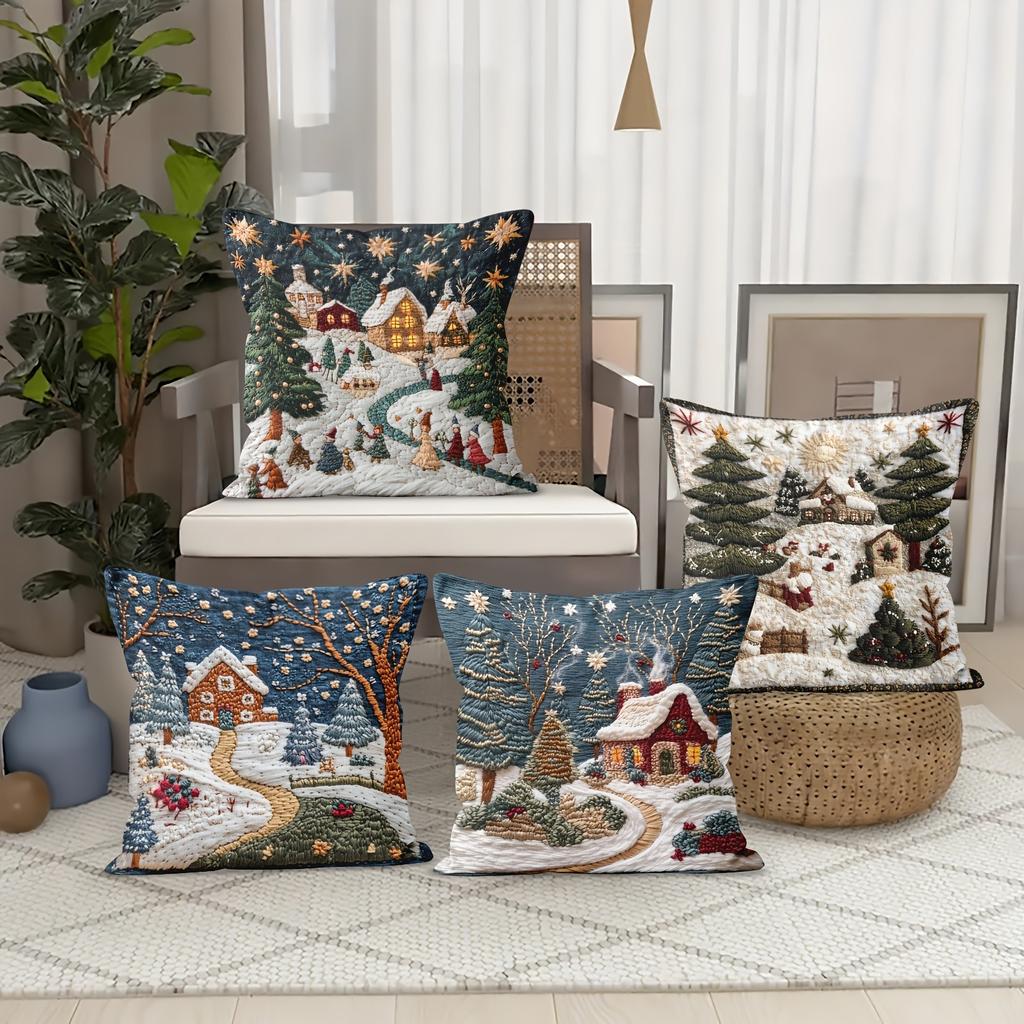 Christmas Snow Pillowcase: Embroidered Dream Cabin and Bright Starry Sky New Year Home Decoration 2d Flat Printing