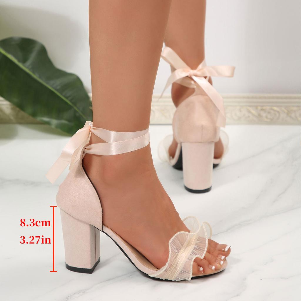 Summer New Bow Round Toe One-Band Buckle Fashionable Large-Size Chunky Heel Sandals for Women