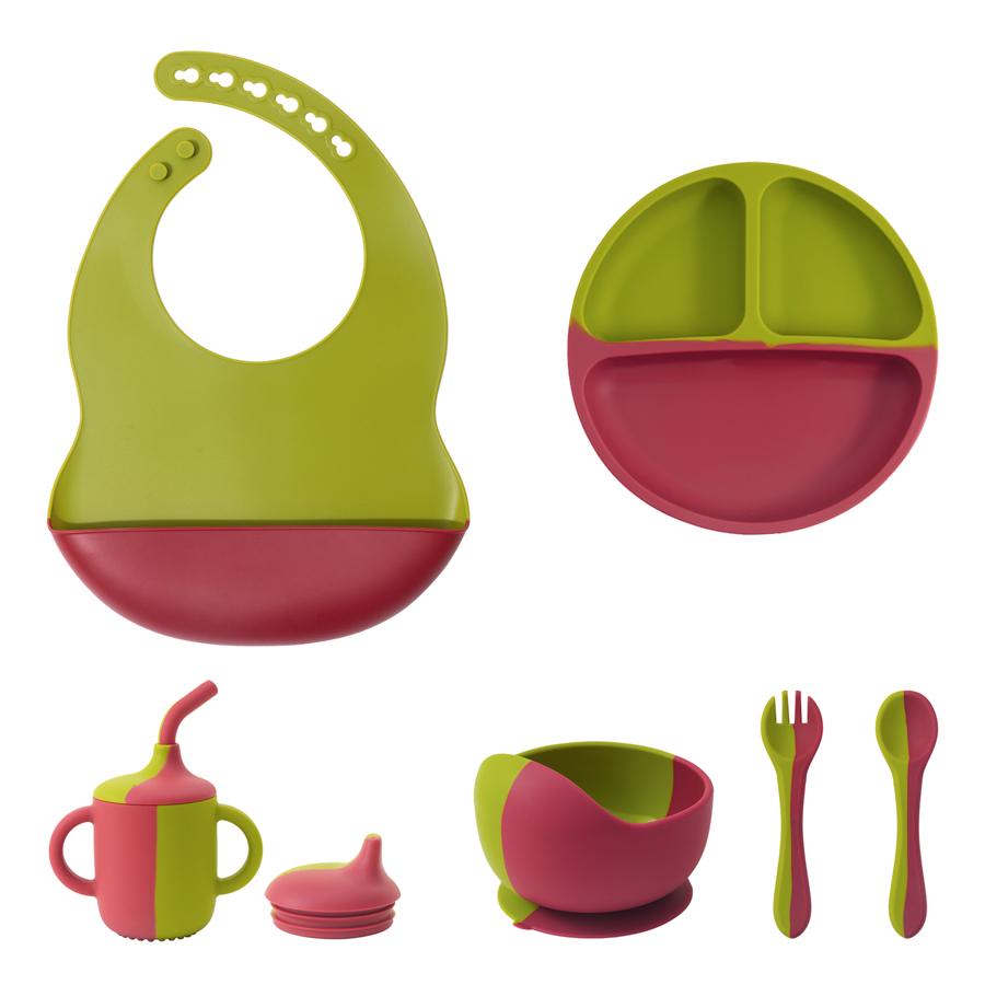 Color Kids 6PCS Silicone Baby Feeding Set Sucker Bowl Dinning Plate Straw Cup Spoon Fork Toddler Dishes Bib Children's Tableware