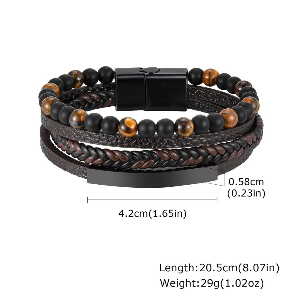 Xiaomi Vnox Black PU Leather Bracelets with Tiger Eyes Beads, Stainless Steel Bangle Wristband, Gift to Dad Husband Boyfriend