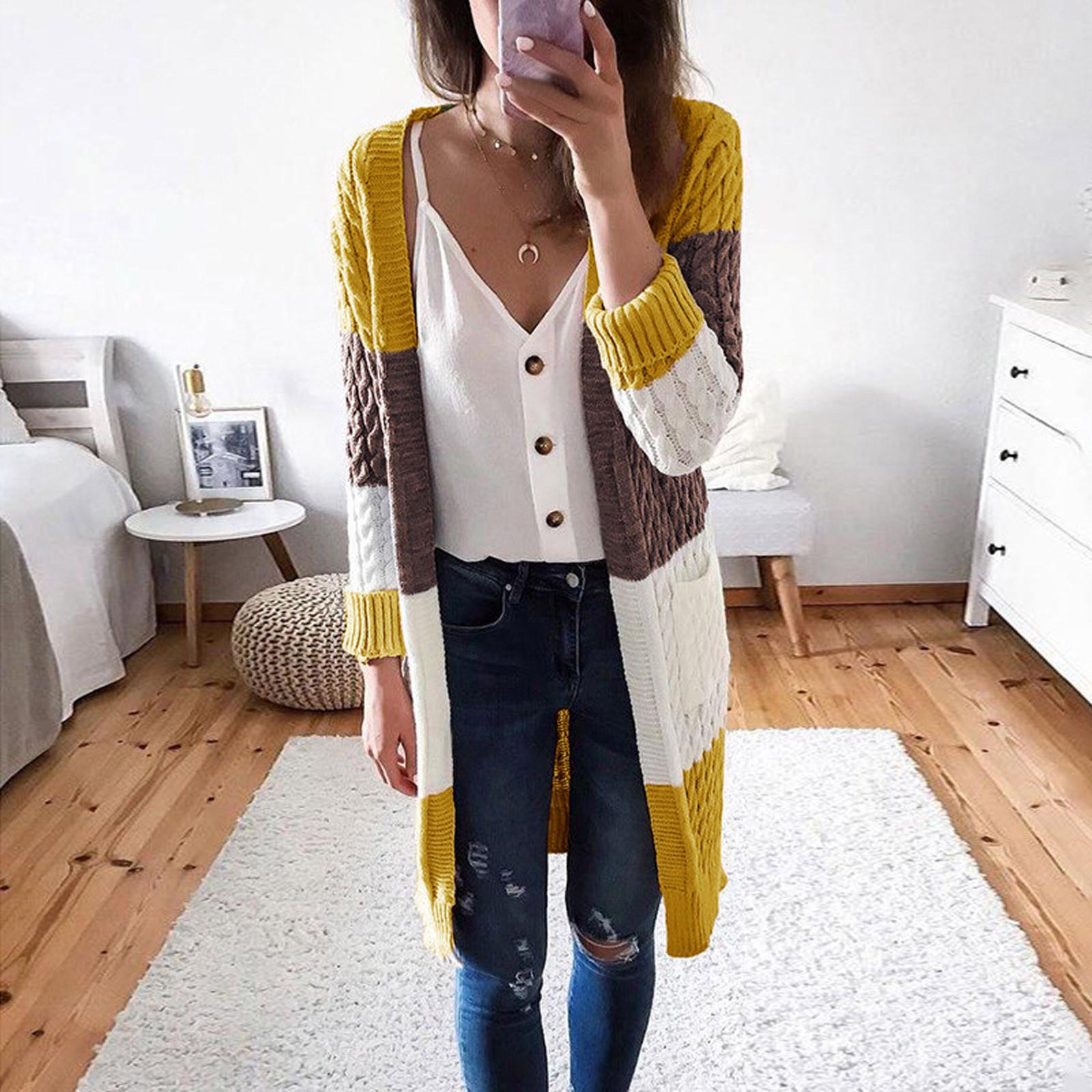 

Fashion Women s Stripe Stitching Cardigan Thick Line Sweater Blouse Coat M жовтий