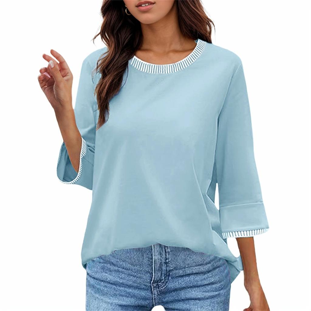 Women's Fashion Casual Threaded Round Neck Seven Points Flare Sleeve T-Shirt Top