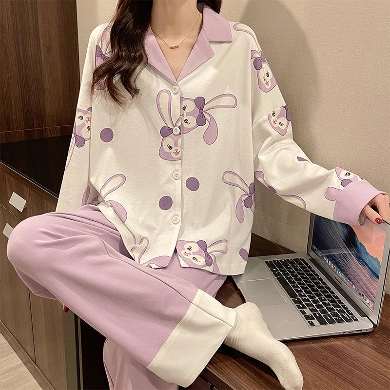 Pajamas women's spring and autumn imitation cotton high value fresh and sweet love women's long-sleeved trousers set loose loungewear