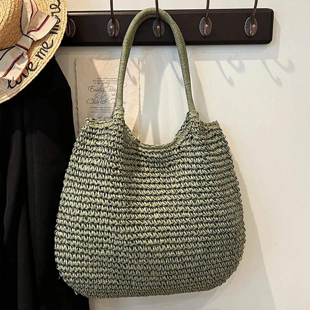 Women Straw Tote Handbag Large Capacity Vintage Shoulder Bag Solid Color Crochet Beach Handbag Ladies Summer Daily Bag