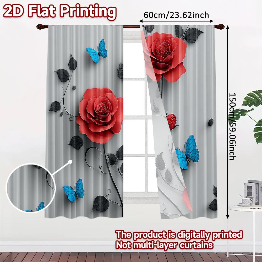 Set Of 2 Flat Printing Scene Curtain Red Roses Blue Butterflies Digital Printed Polyester Drapes Festive Holiday Use New Curtains Made