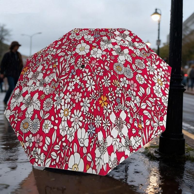 

1pc Automatic Folding Umbrella - Red with White Floral Festive and Fresh Pattern, Sun/Rain Umbrella, and Resistant, Dual Use f (as the picture,iron&8K)