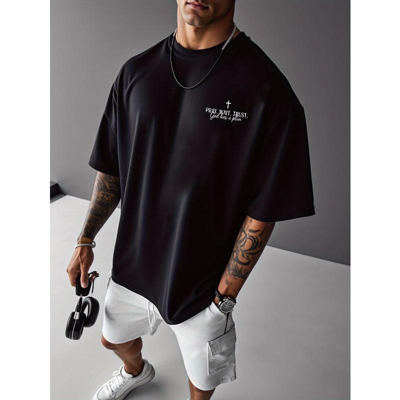 European Sizes Men's Christian Faith T-Shirt - "Pray Wait Trust God Has a Plan" Religious Back Print, Soft Breathable Church Clothing