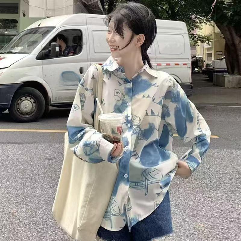 Women's Long Sleeved Shirts Contrast Color Graffiti Printing Versatile Blouses Loose Casual Summer Ladies Jacket