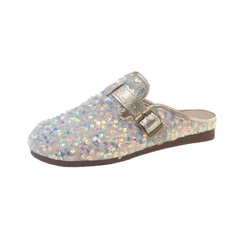 Mezze pantofole francesi con paillettes Baotou da donna, nuove per la primavera e l'estate, da indossare fuori, con carattere, Mary Jane, scarpe basse