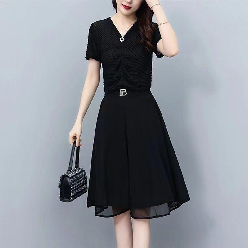 Chiffon Spring and Summer Half Skirt High-end High Waisted A-line Women's Mid To Long Style Loose and Slimming Temperament Thin Skirt Black