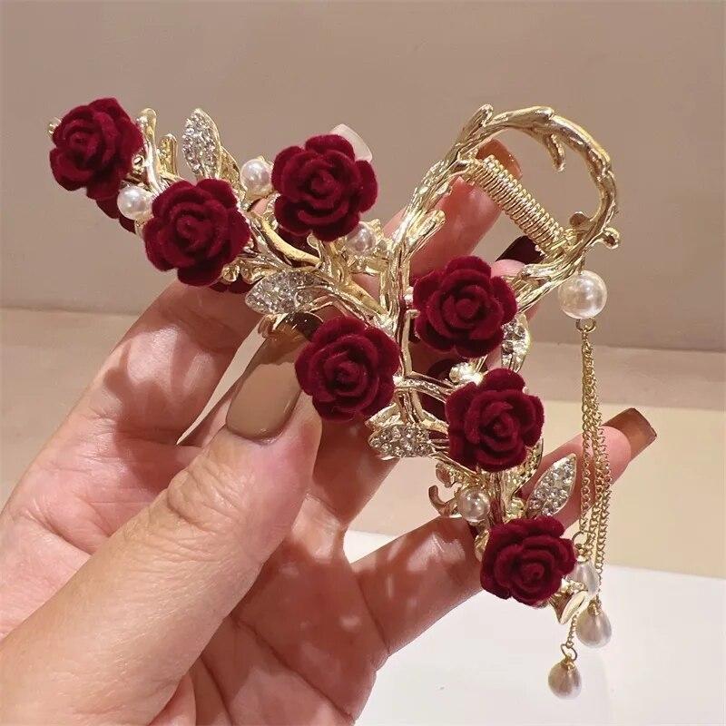 Vintage Velvet Red Rose Hair Claws For Women Luxury Metal Clamp Clip Barrettes Hairpins New Rhinestone Hair Accessories Headwear