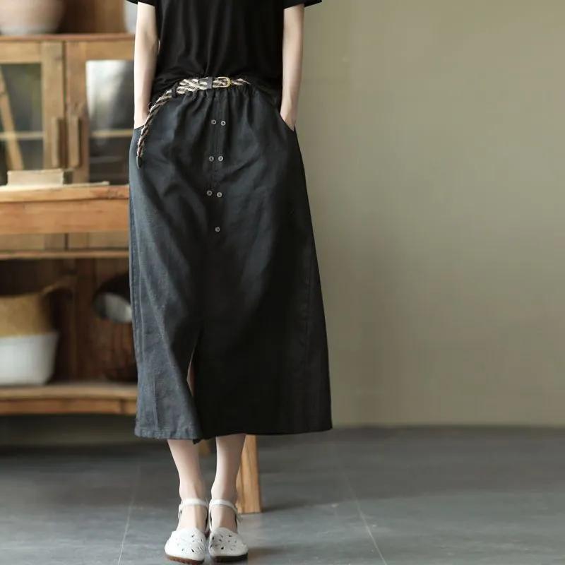 

Весна-лето женская повседневная юбка с высокой талией, женская свободная хлопковая льняная длинная юбка А-силуэта с поясами в винтажном стиле XXL чёрный