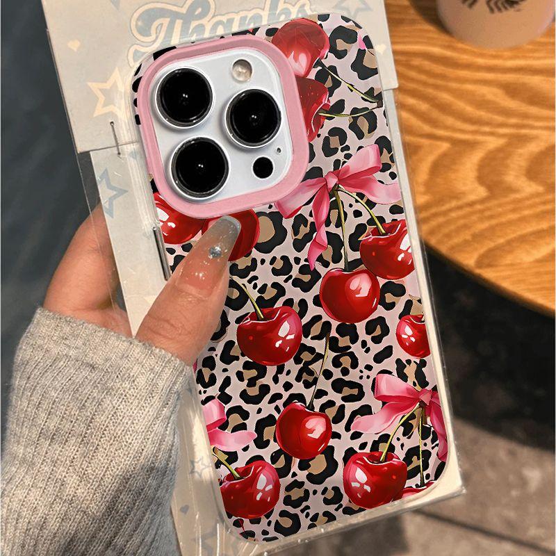 Korean Leopard Print Cherry Is Suitable for Apple 16promax Mobile Phone Case 13 14 New Niche 15pro Fine Hole 11