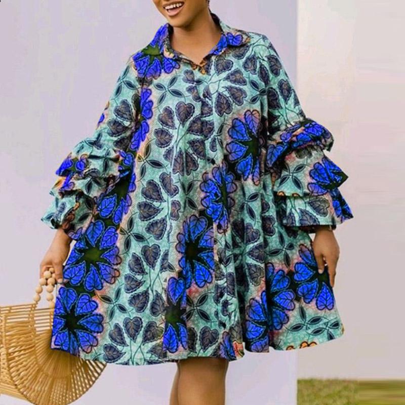 

Женские платья больших размеров с круглым вырезом, цветочным принтом, многослойными оборками и длинными рукавами XL синий