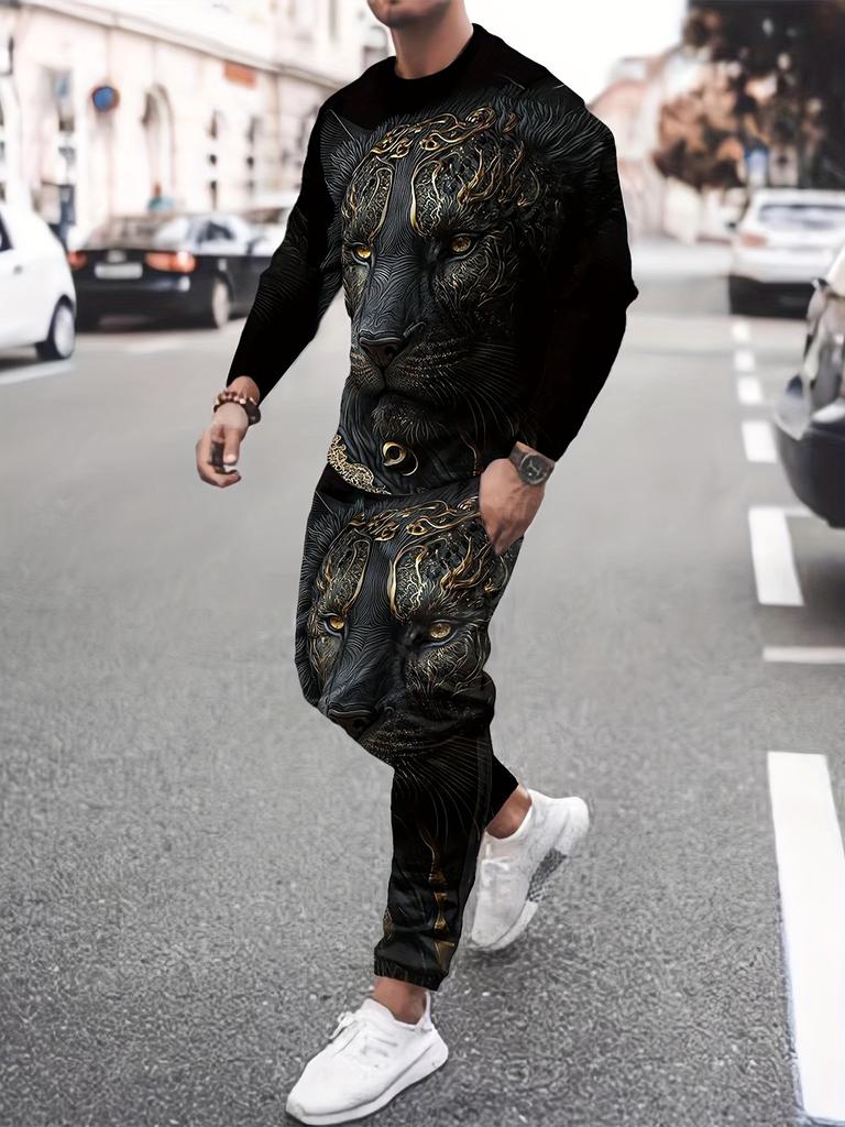 Men's Fall Winter 2026 Matching Set Stylish Crew-Neck Two-Piece Outfit Featuring Print and Trendy Streetwear Style