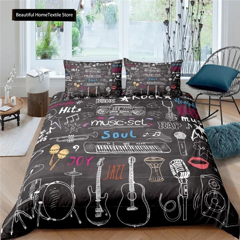 3d Music Notes Guitar Duvet Cover Set For Teens Adults Bedroom Decor Music Bedding Sets Fashion Hip Hop Comforter Cover