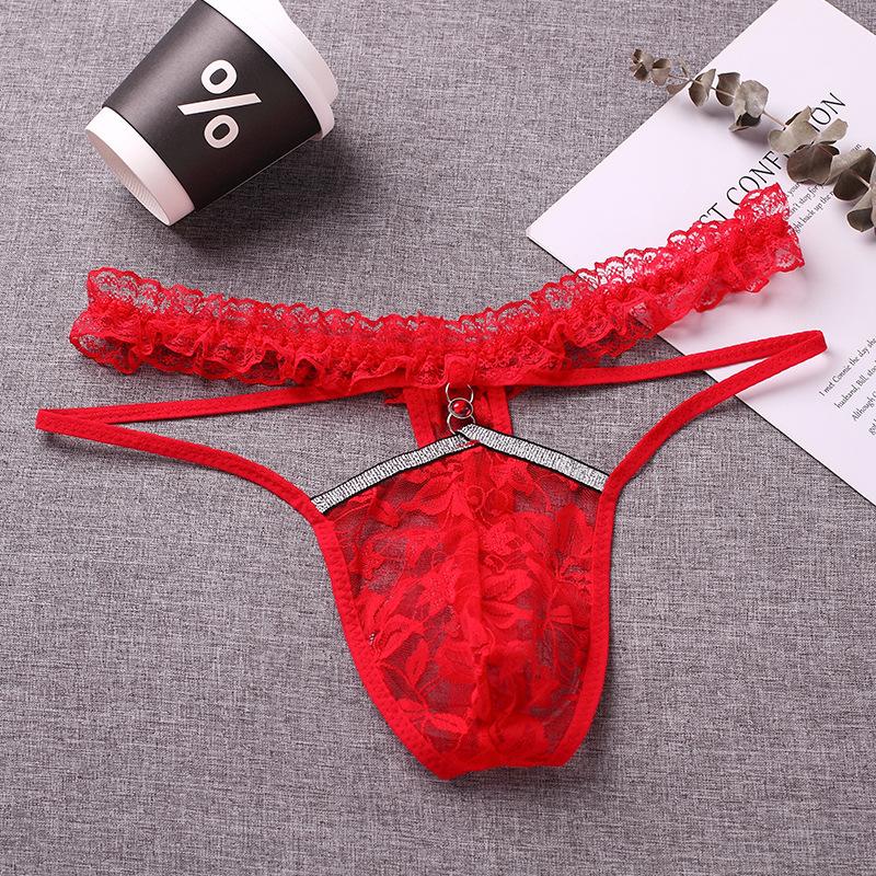 Lace Sheer Sissy Pouch Panties Men Sexy Thong Tanga Hombre Gay Crossdress Lingerie G String Rhinestone Bugle Pouch Underpants