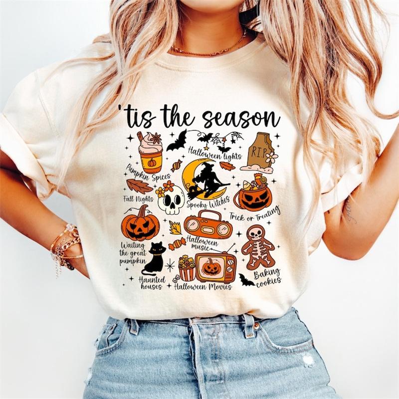 

Halloween Lights Spooky Witches Printed TShirt Street Womens Short Sleeve Womens TShirt ONeck Retro Fun Clothing TShirt S