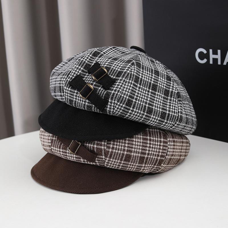 Early spring hat women's new autumn and winter octagonal hat versatile British retro plaid Bere newsboy hat
