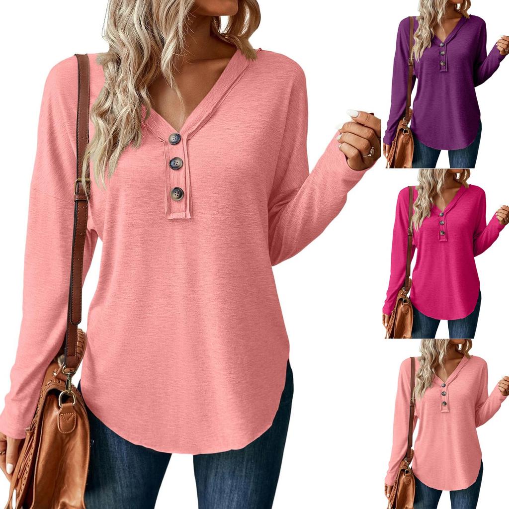 Tops For Women Long  Sleeve  Pullover V Neck Button Casual  Shirts  Top
