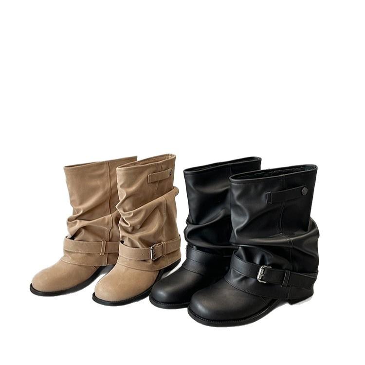 Fashion Boots~ Inner Height Increasing Western Cowboy Pile Boots Women's 2025 Fall Pleated Pants Short Boots Vintage Boots