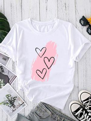 (Asian Size) Trend Love Heart Short Sleeve T Shirt Printed T-shirts O-neck Casual Clothing Fashion Female Women's Top Graphic Tee