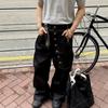 Mens Baggy Straight Fit Denim Jeans With Curved Button Row Retro Style Water Washed Cotton Blend