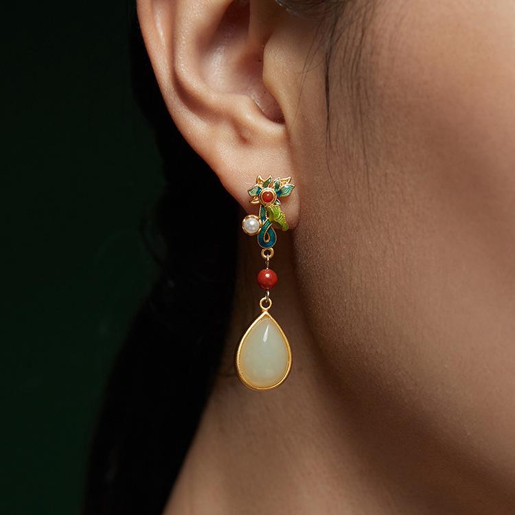 Hetian Jade Ear Hook Earring Women's High-end Temperament Ethnic Retro Earrings Cloisonne Craft Dangler Gift
