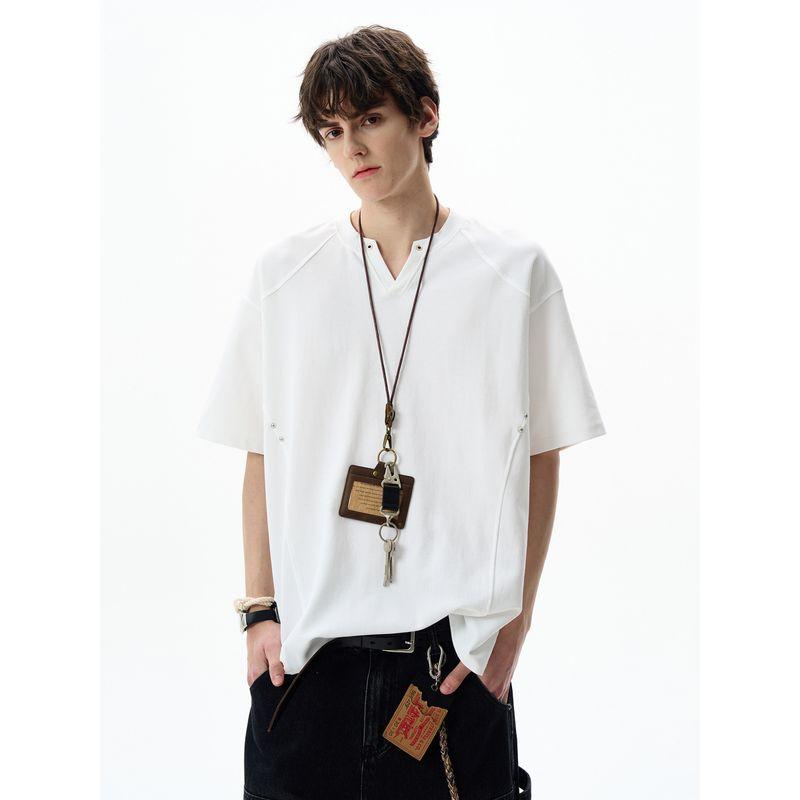 Madwitch Summer Casual Deconstructed Design Small V-Neck Short-Sleeved Unisex Loose Versatile Vibe High-End T-Shirt