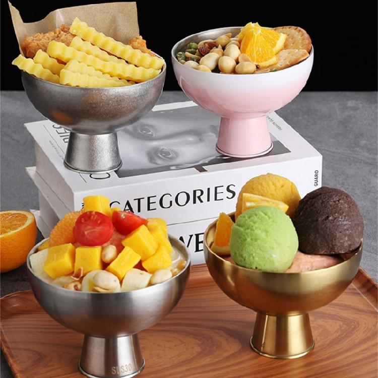 Double Walled Footed Stainless Steel Dessert Container Puddings Cup Ice Cream Bowl For Birthday Parties And Coffee Shops