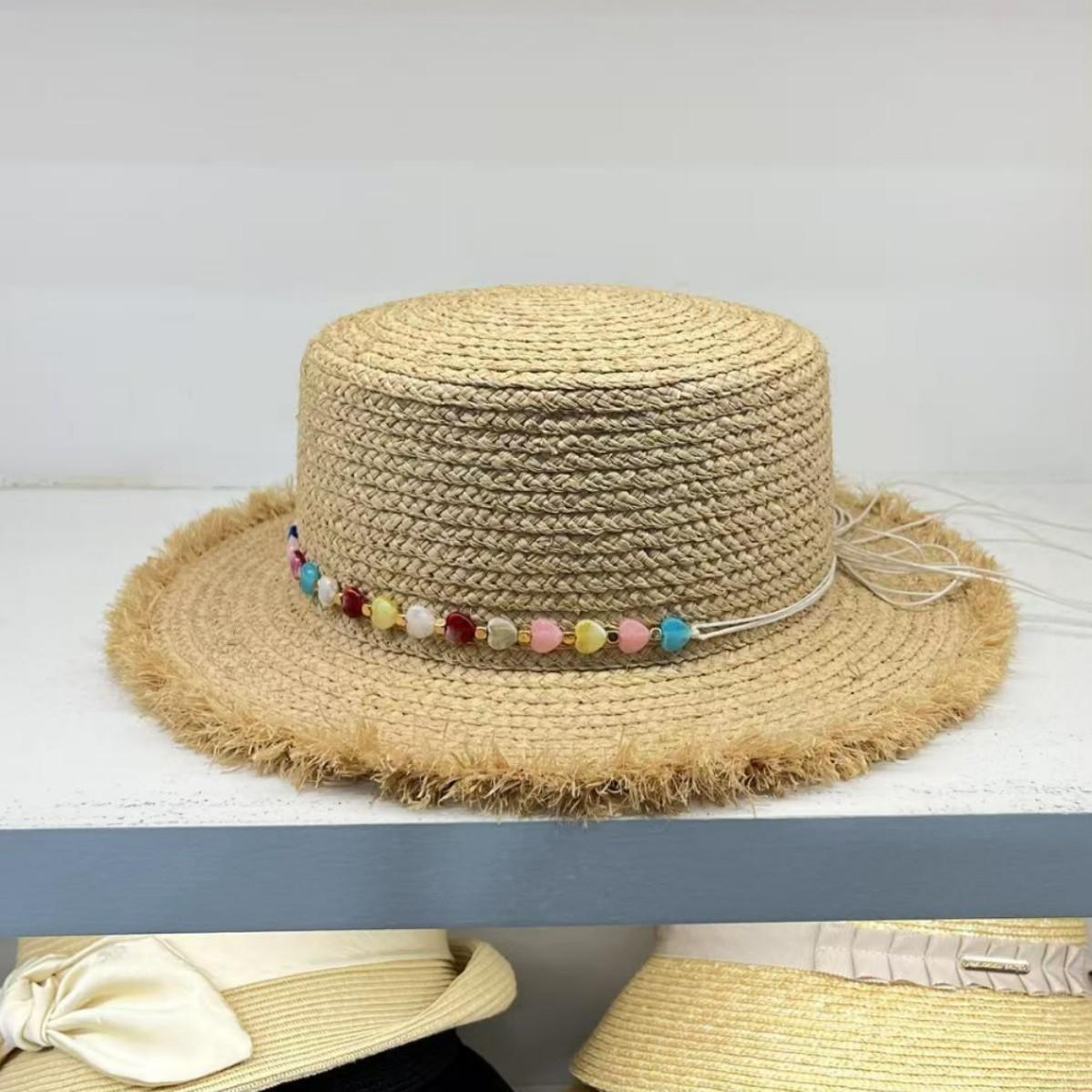 

Fairy wind UV protection raffia hat female French pearl flat top straw hat summer sunshade sun hat adjustable (54-58cm)