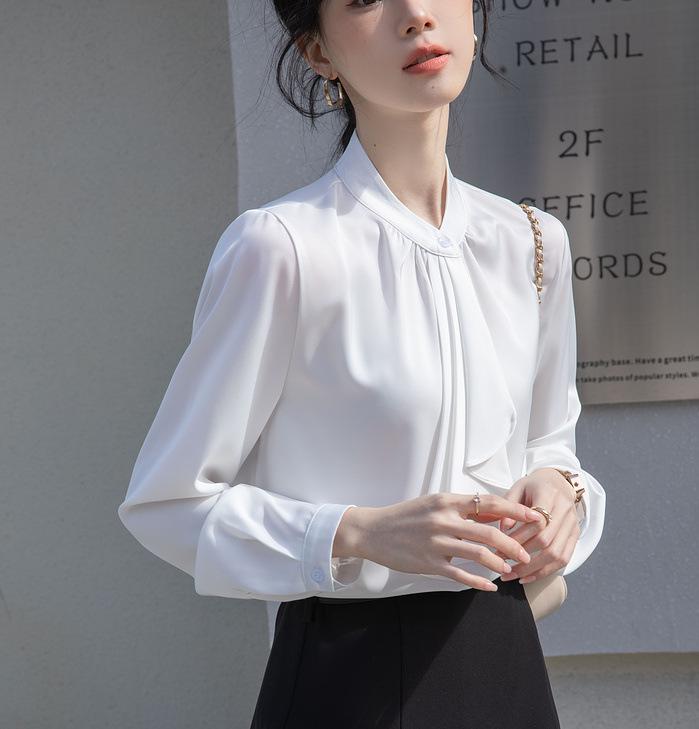 

Французская элегантная белая рубашка с длинным рукавом и бантом-кошкой - Женская профессиональная одежда для работы весна/осень 2025 Medium белый